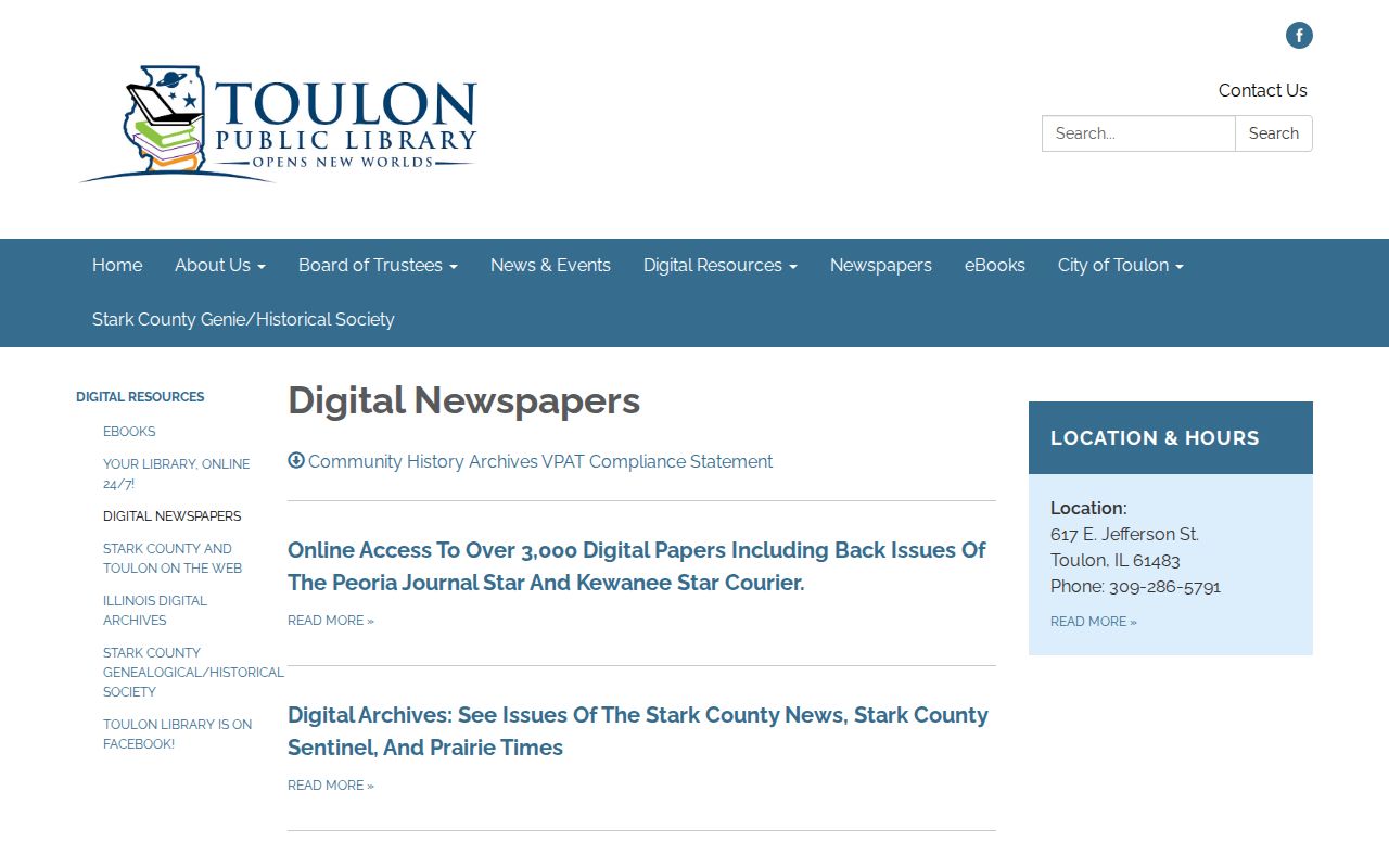 Toulon Public Library historical Stark County newspaper records access